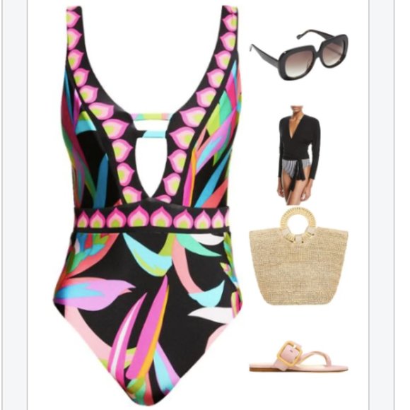 New! Trina Turk Birds of Paradise Plunge One-Piece Swimsuit Women's Size 14 - Picture 6 of 9